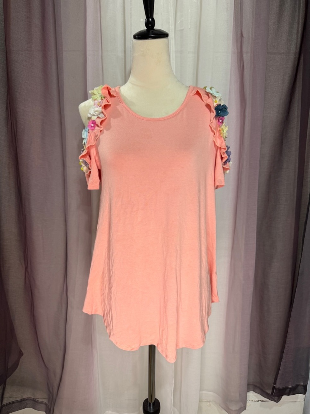 Hand Embellished Peach Floral-Trim Cold-Shoulder Women's Top